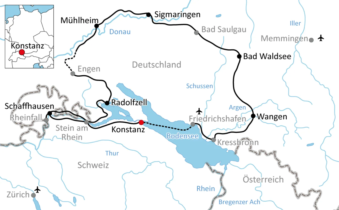 Karte Tour vom Bodensee zur Donau und ins Allgäu