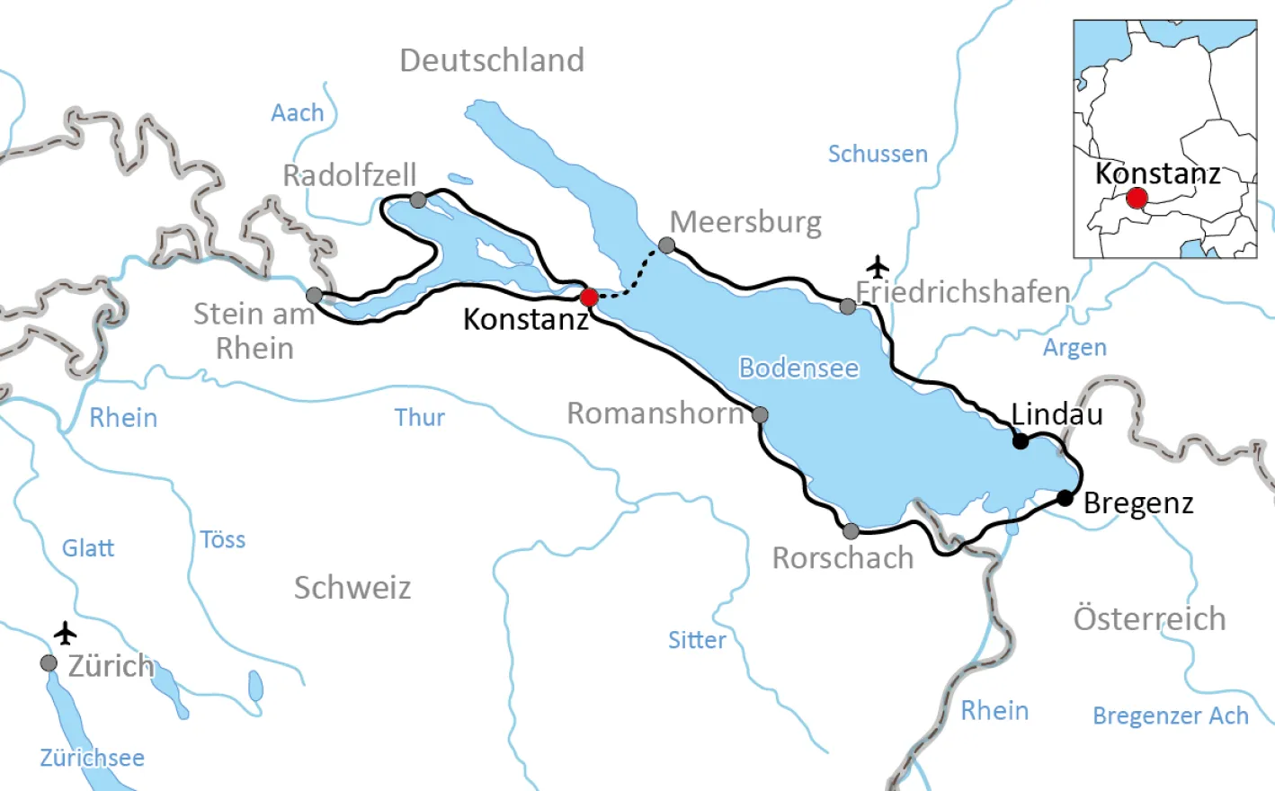 Karte zur Fahrradtour um den Bodensee für Sportliche