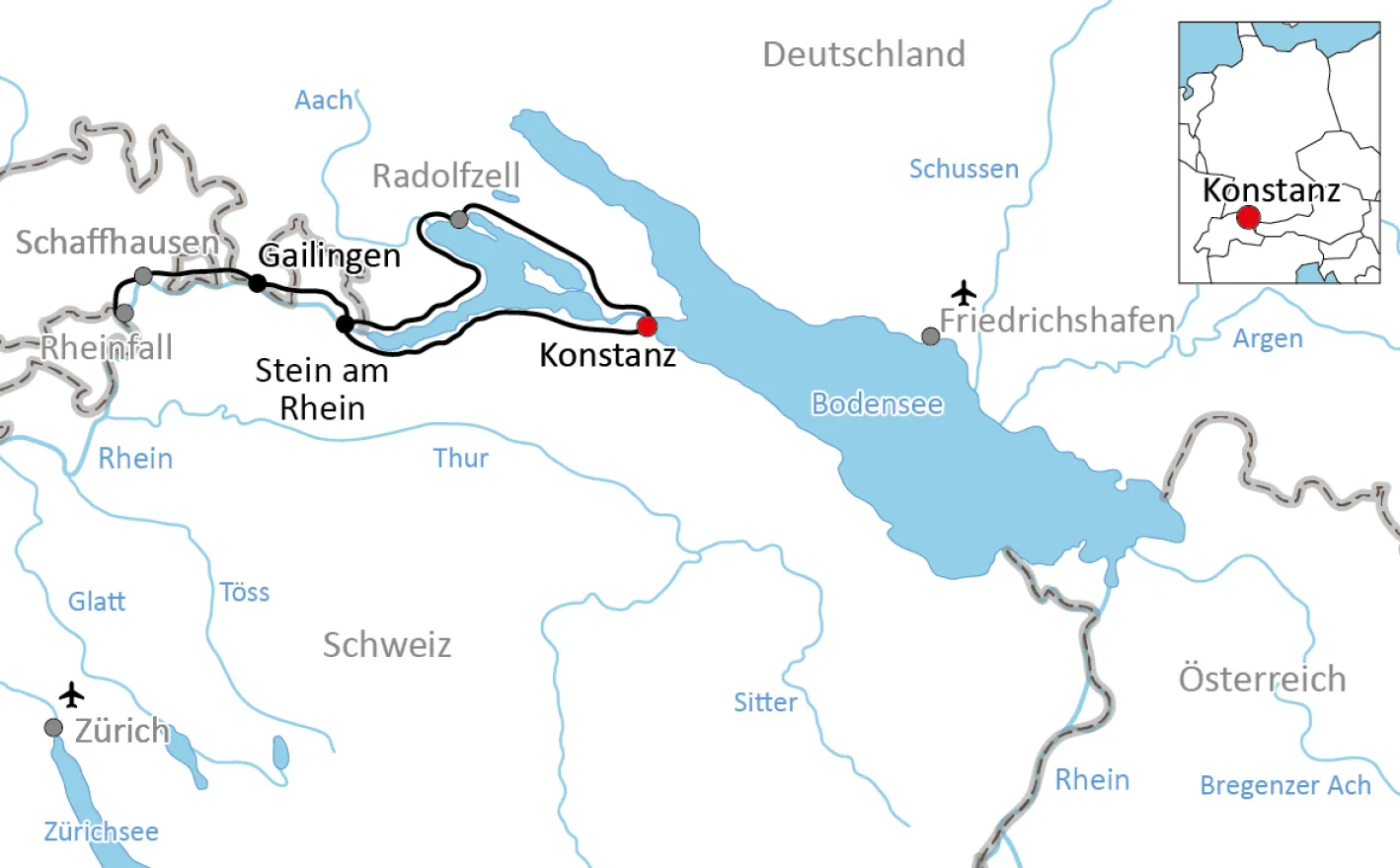 Karte zur Fahrradtour am Untersee und zum Rheinfall